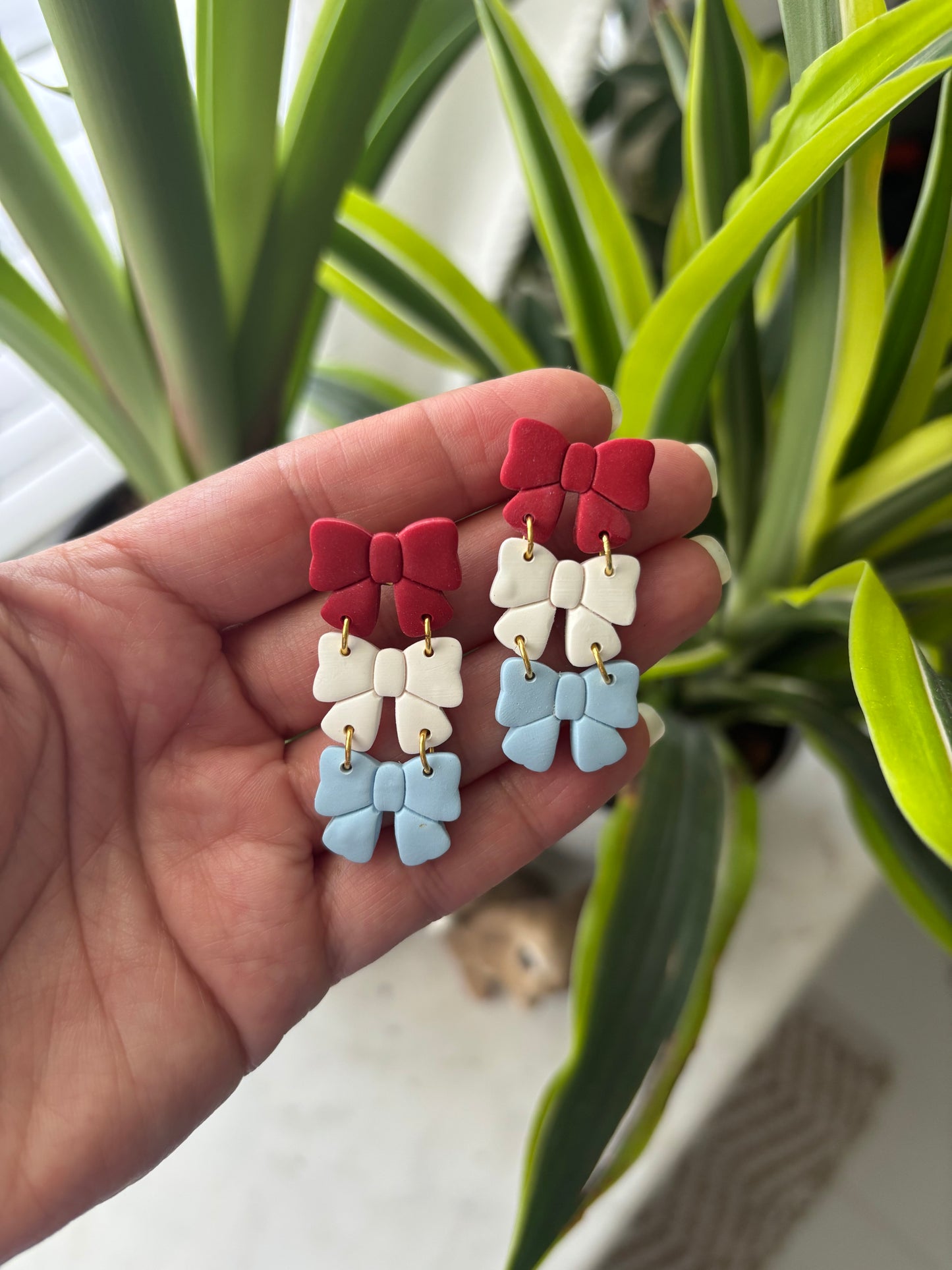 Blue White Red Ribbon Earrings