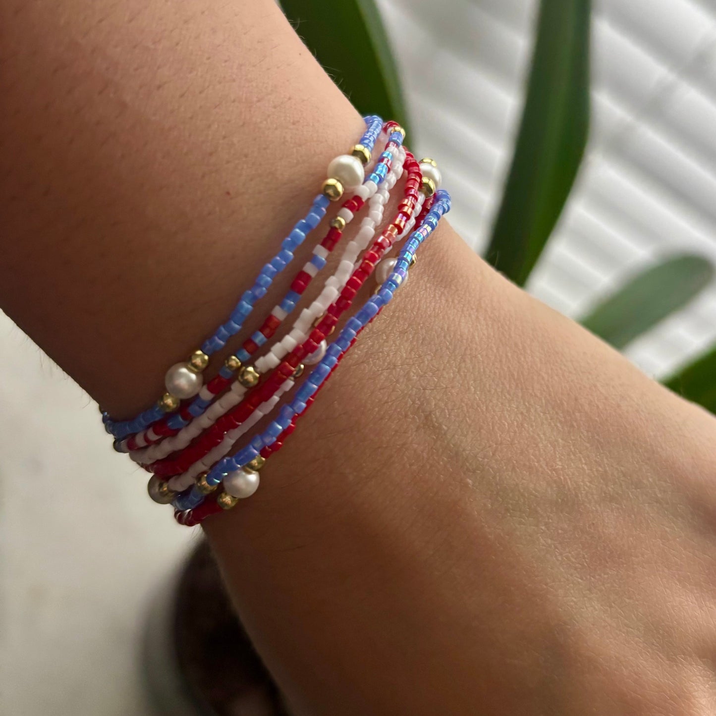 Red Blue & White Stackable Bracelets
